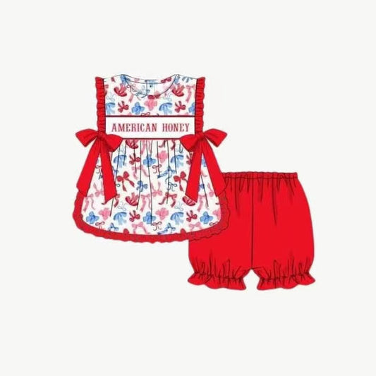 Baby Girls Clothes American Honey Red Blue Bows Tunic Ruffle Shorts 4th Of July Sets Preorder GSSO2538 3.29