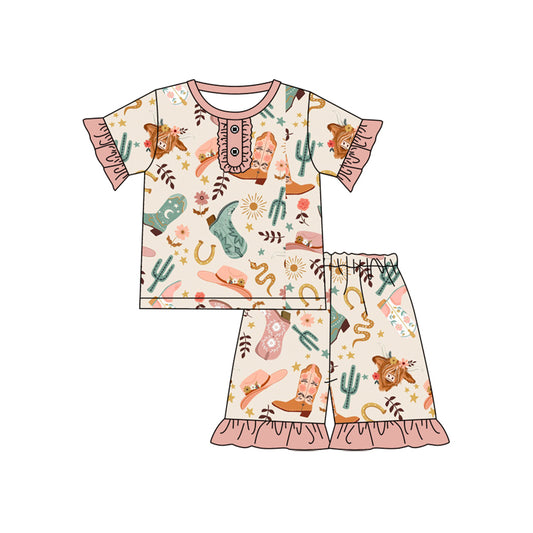 Baby Girls Pajamas Peach Highland Cows Boots Button Top Shorts Pajamas Set Preorder GSSO2548 4.4