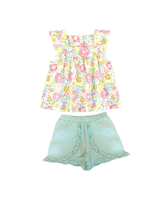 Baby Girls Clothes Flutter Sleeves Yellow Pink Floral Tunic Ruffle Short Set Preorder GSSO2549 4.4