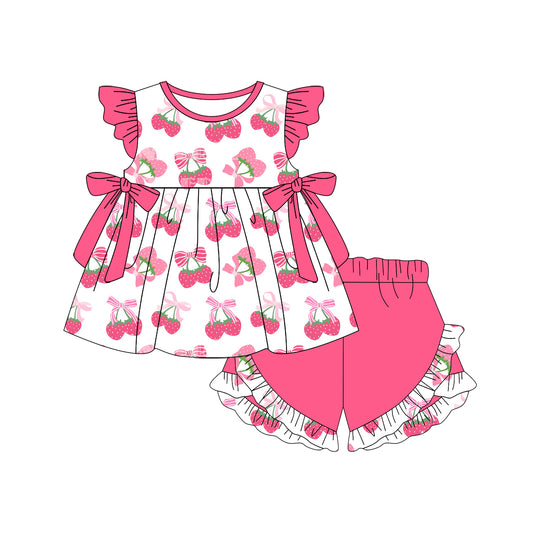 Baby Girls Clothes Pink Flutter Sleeves Bows Strawberry Tunic Tops Ruffle Shorts Sets Preorder GSSO2554