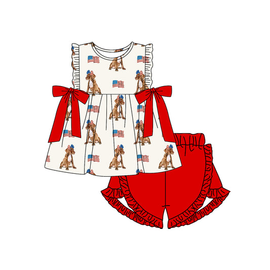Baby Girls Clothes Sleeveless Flags Dogs Bows Tunic Ruffle Shorts 4th Of July Sets Preorder GSSO2560 4.4