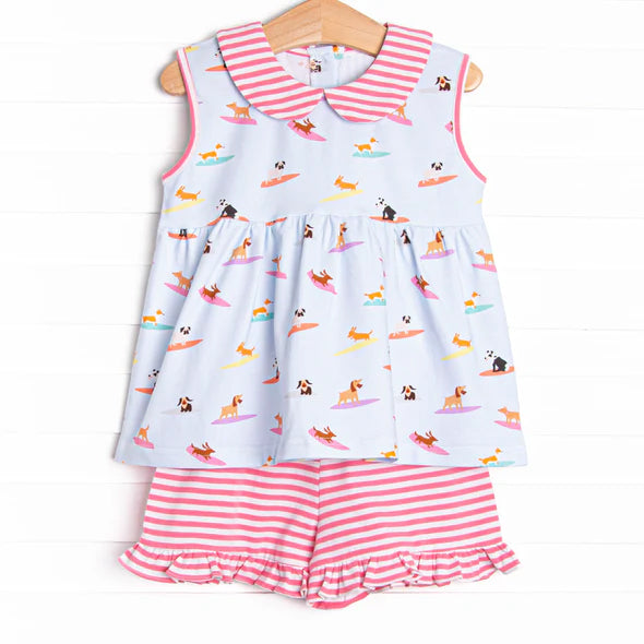 Baby Girls Clothes Black Sleeveless Dogs Staking Top Pink Stripe Ruffle Short Set Preorder GSSO2587 4.10