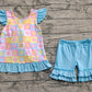 Baby Girls Clothes Blue Flutter Sleeves Flowers Plaid Tunic Ruffle Shorts Set Preorder GSSO2623 5.2