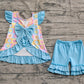 Baby Girls Clothes Blue Flutter Sleeves Flowers Plaid Tunic Ruffle Shorts Set Preorder GSSO2623 5.2