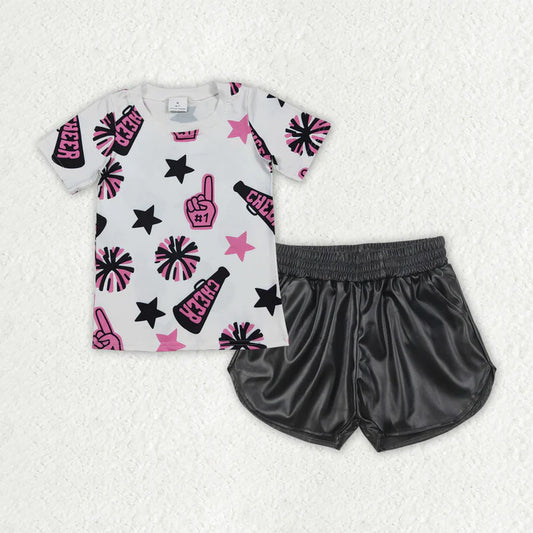 Baby Girls Clothes Cheer Purple Team Tops Black Leather Shorts Clothes Sets GSSO2686 7.31