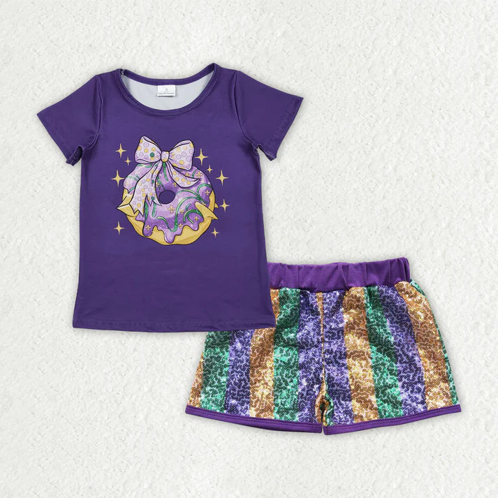 Baby Girls Purple Bows Donuts Top Stripe Sequin Shorts Mardigras Clothes Sets GSSO2712 11.5