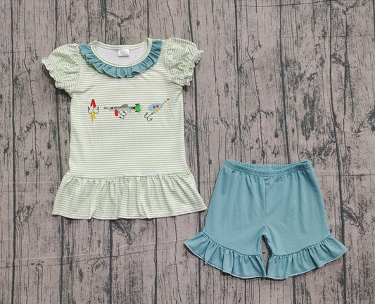Embroidery Fishing Baby Girls Stripe Callor Tunic Ruffle Shorts Hunting Clothes Sets Preorder GSSO2792 11.17