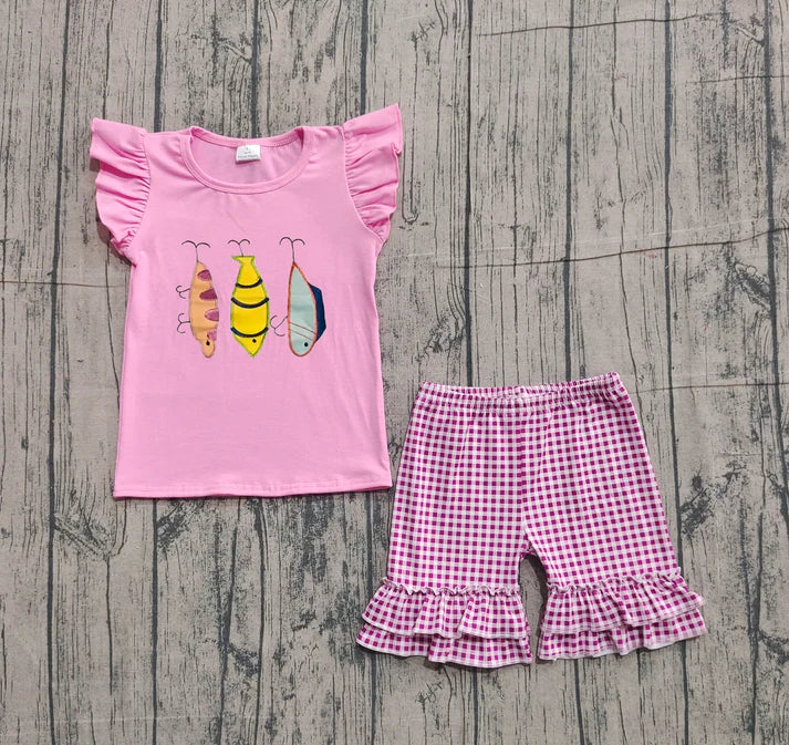 Embroidery Baby Girls Pink Fishing Top Checked Ruffle Shorts Clothes Sets Preorder GSSO2795 11.15