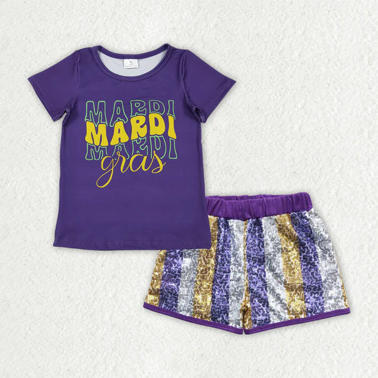 Baby Girls Purple Shirts Top Stripe Sequin Shorts Mardigras Clothes Sets GSSO2805 11.5