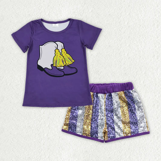 Baby Girls Purple Boots Tassel Top Stripe Sequin Shorts Mardigras Clothes Sets GSSO2806 11.5