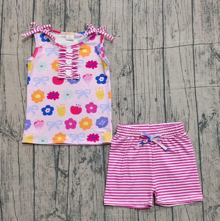 Baby Girls Colorful Flowers Button Top Stripe Shorts Clothes Sets Preorder GSSO2830 11.15