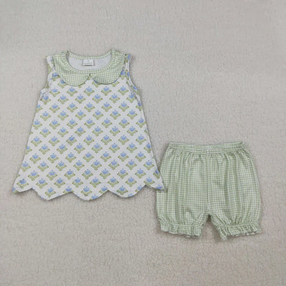 Sibling Baby Girls Flowers Checked Collar Scallop Tunic Ruffle Short Clothes Set Rompers