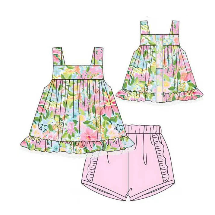 Baby Girls Strap Floral Ruffle Tunic Shorts Clothes Sets Preorder 11.20
