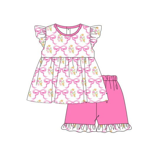 Baby Girls Pink Bows Flowers Tunic Ruffle Shorts Clothes Sets Preorder 11.20
