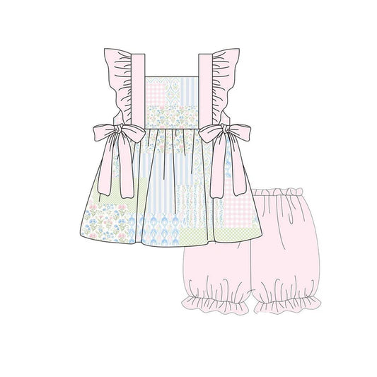 Baby Girls Bows Flowers Checked Tunic Ruffle Shorts Clothes Sets Preorder 11.20
