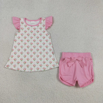 Sibling Baby Girls Park Flowers Checked Top Shorts Clothes Set Ruffle Rompers
