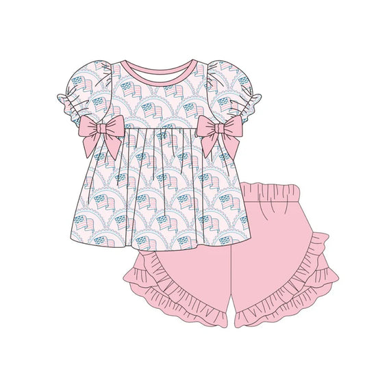 Baby Girls Flags Checked Bows Tunic Ruffle Shorts 4th of July Clothes Sets Preorder 11.20