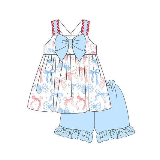 Baby Girls Strap Stars Bows Tunic Ruffle Shorts 4th of July Clothes Sets Preorder 11.20