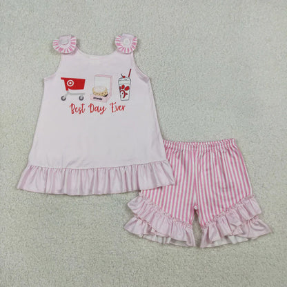 Sibling Clothing Baby Girls Pink Stripe Best Day Ever Tunic Ruffle Short Clothes Set Back Bow Rompers