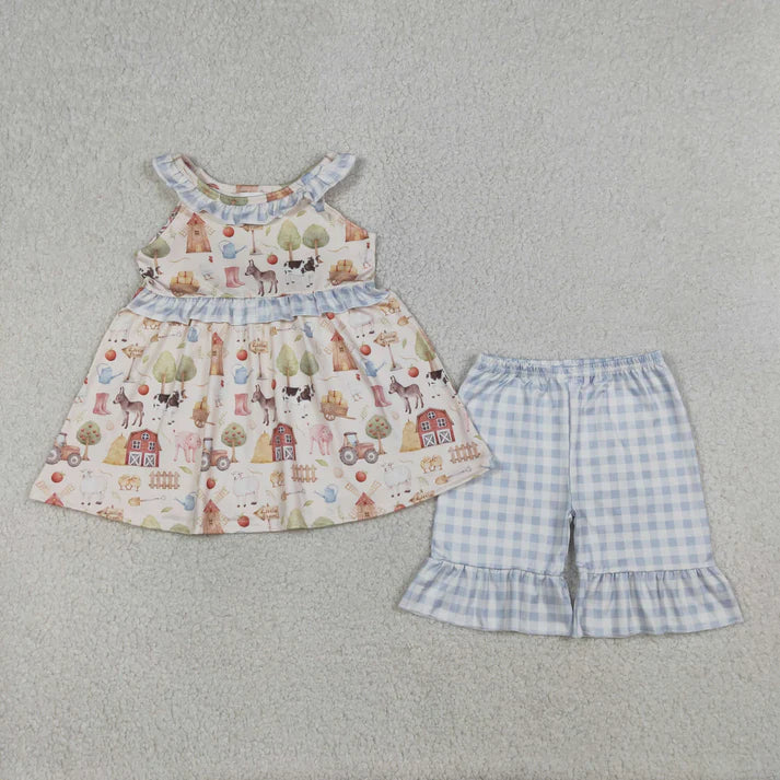 Sibling Baby Girls Pigs Cows Tunic Checked Ruffle Short Farm Clothes Set Rompers