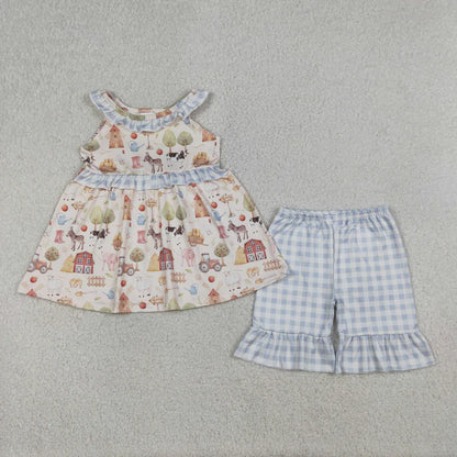 Sibling Baby Girls Pigs Cows Tunic Checked Ruffle Short Farm Clothes Set Rompers
