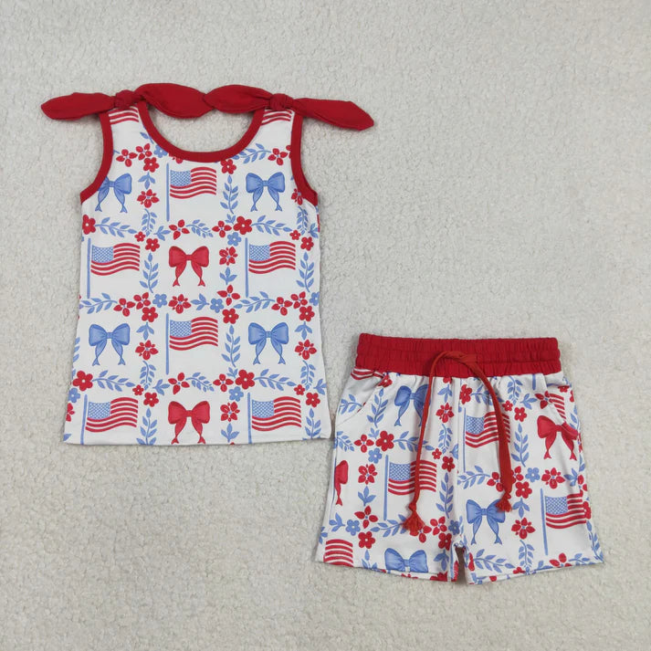 Sibling Baby Girls Flag Flower Bows Checked Pockets Short 4th of July Clothes Set Active Dresses