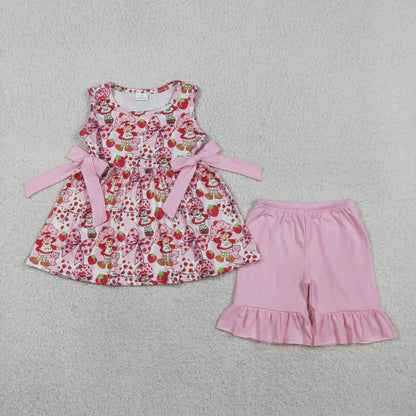 Sibling Clothing Baby Strawberry Girls Bows Tunic Ruffle Short Clothes Set Back Bow Rompers