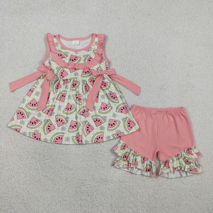 Sibling Baby Girls Sleeveless Watermelons Flowers Tunic Ruffle Shorts Clothes Set Rompers
