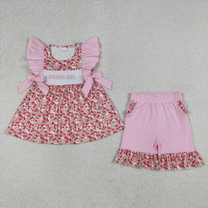Sibling Embroidery Mama's Girl Flowers Tunic Ruffle Bummies Short Clothes Set Rompers
