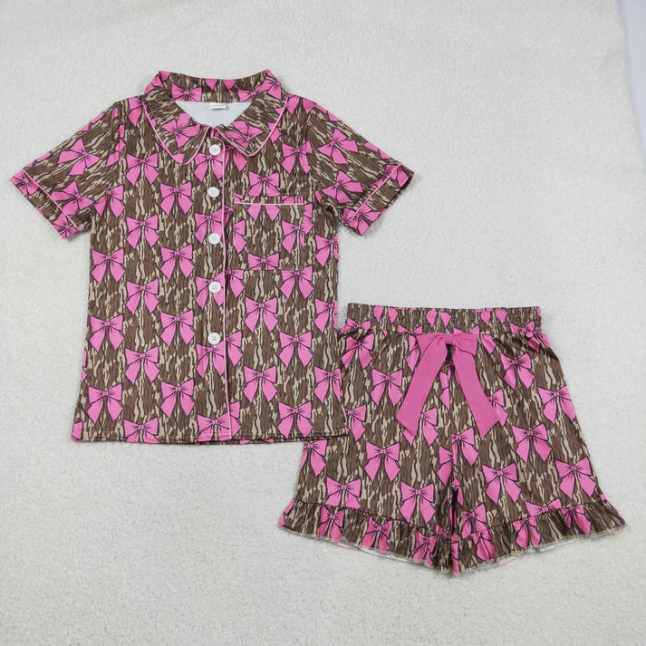 Sibling Adult Women Camo Bows Button Pocket Ruffle Shorts Hunting Pajamas Sets