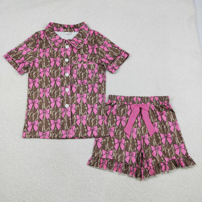 Sibling Adult Women Camo Bows Button Pocket Ruffle Shorts Hunting Pajamas Sets