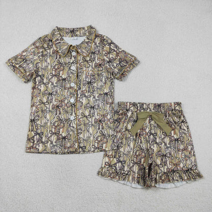 Sibling Adult Women Camo Bows Button Pocket Ruffle Shorts Hunting Pajamas Sets