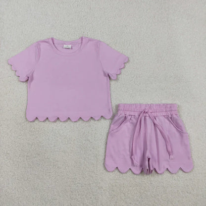 Sibling Baby Girls Short Sleeve Shirts Top Pockets Short Scallop Clothes Sets