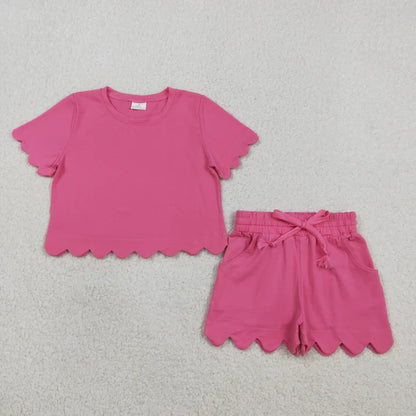Sibling Baby Girls Scallop Short Sleeve Top Pockets Shorts Clothes Sets