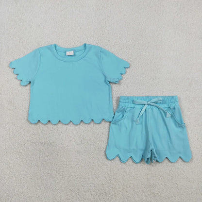 Sibling Baby Girls Short Sleeve Shirts Top Pockets Short Scallop Clothes Sets