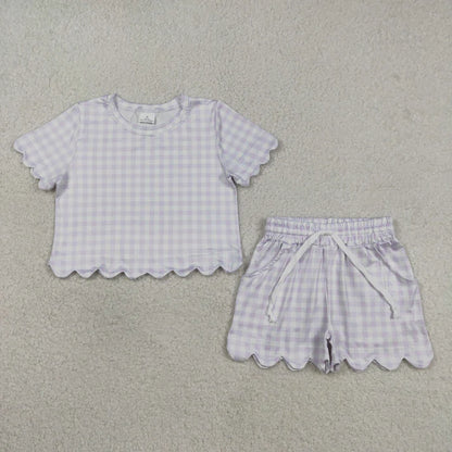 Sibling Baby Girls Colorful Checked Scallop Shirts Top Pockets Short Pajamas Clothes Sets