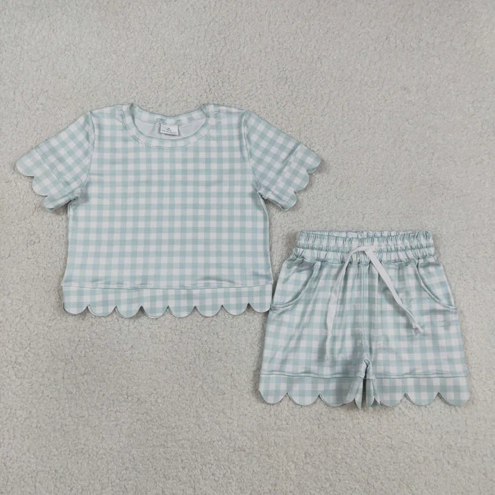 Sibling Baby Girls Colorful Checked Scallop Shirts Top Pockets Short Pajamas Clothes Sets