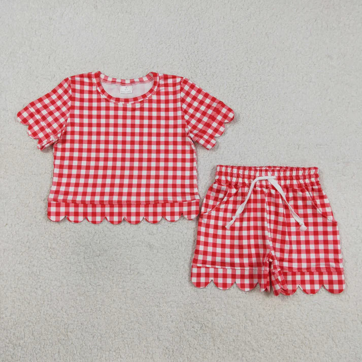Sibling Baby Girls Colorful Checked Scallop Shirts Top Pockets Short Pajamas Clothes Sets