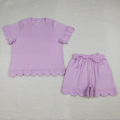 Sibling Adult Women Clothes Short Sleeve Shirts Top Pockets Short Scallop Clothes Sets