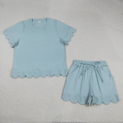 Sibling Adult Women Clothes Short Sleeve Shirts Top Pockets Short Scallop Clothes Sets