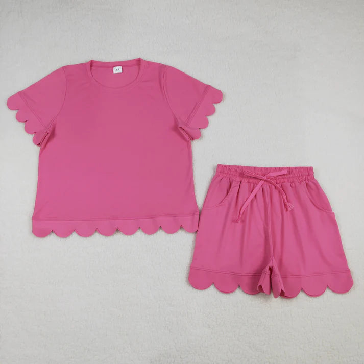 Sibling Adult Women Clothes Short Sleeve Shirts Top Pockets Short Scallop Clothes Sets