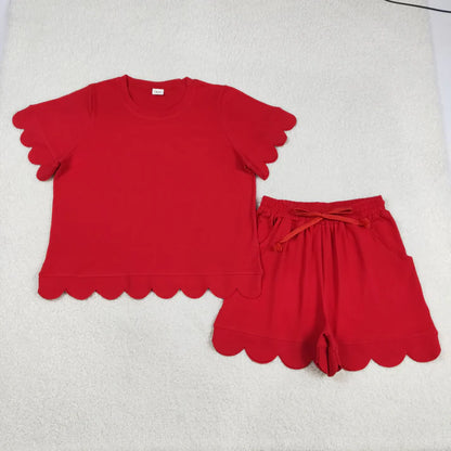 Sibling Adult Women Clothes Short Sleeve Shirts Top Pockets Short Scallop Clothes Sets