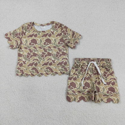 Sibling Baby Girls Short Sleeve Shirts Top Pockets Short Scallop Clothes Sets