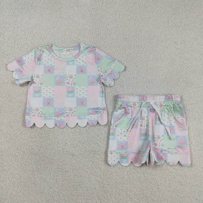 Sibling Baby Girls Colorful Flowers Top Pockets Short Scallop Clothes Sets