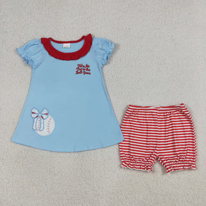 Sibling Baby Girls Embroidery Baseballs Ruffle Short Team Clothes Set Knee Length Dresses
