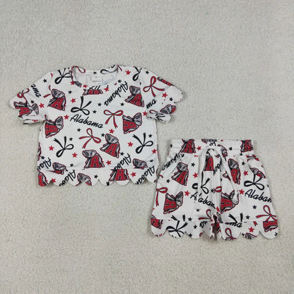 Sibling Baby Girls Bows Team Top Pockets Short Scallop Clothes Sets