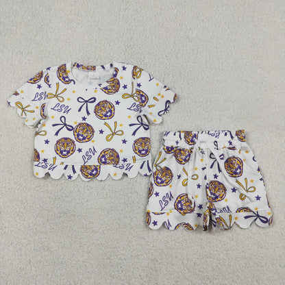 Sibling Baby Girls Bows Team Top Pockets Short Scallop Clothes Sets