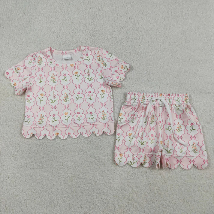 Sibling Baby Girls Colorful Flowers Top Pockets Short Scallop Clothes Sets