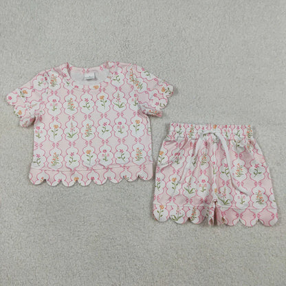 Sibling Baby Girls Colorful Flowers Top Pockets Short Scallop Clothes Sets