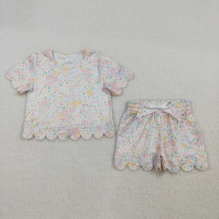 Sibling Baby Girls Colorful Flowers Top Pockets Short Scallop Clothes Sets